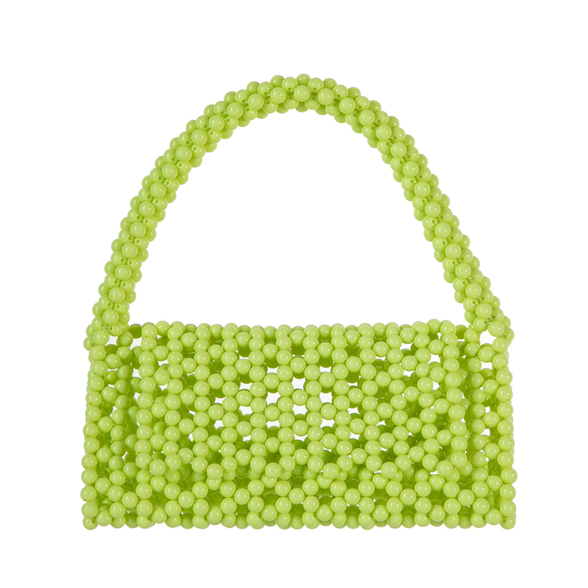 Close-up of yellow-green acrylic beaded triangle purse.