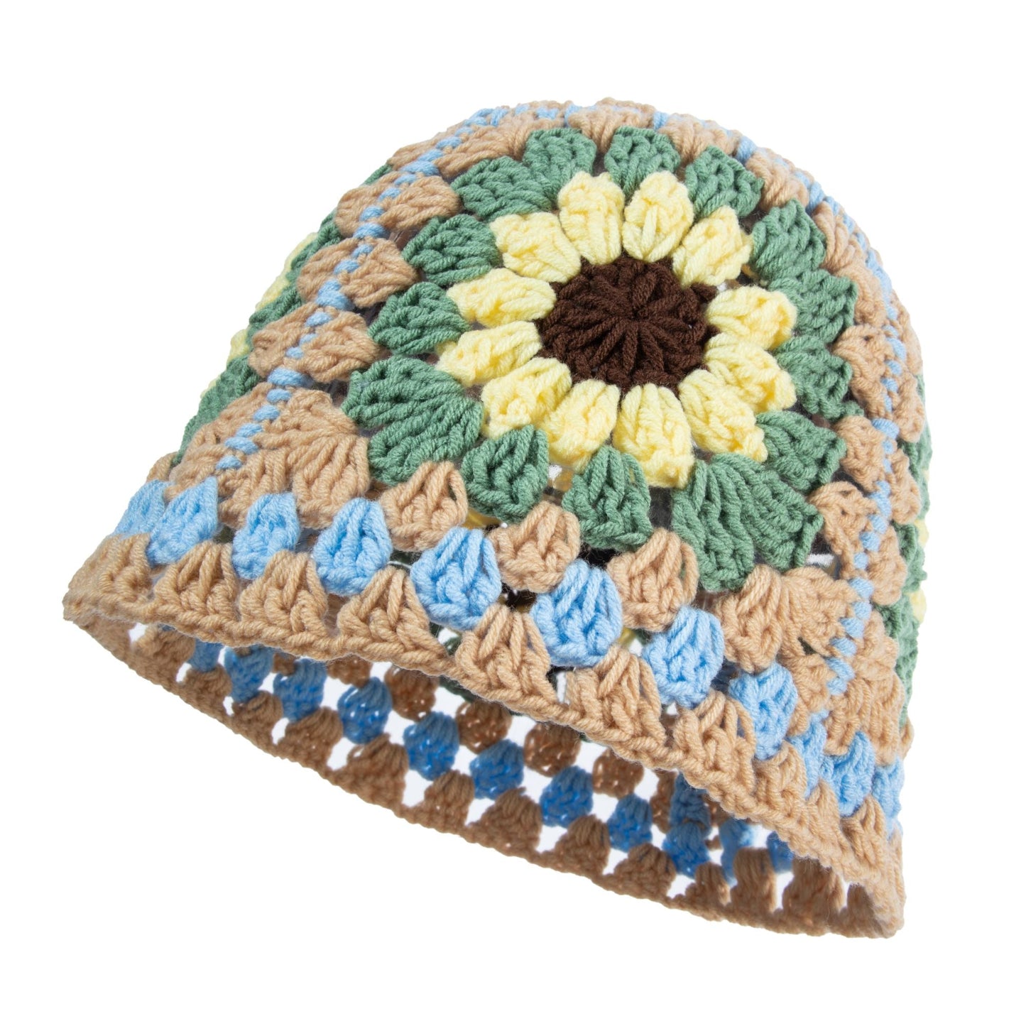 Crochet Khaki Floral-Patterned Hat