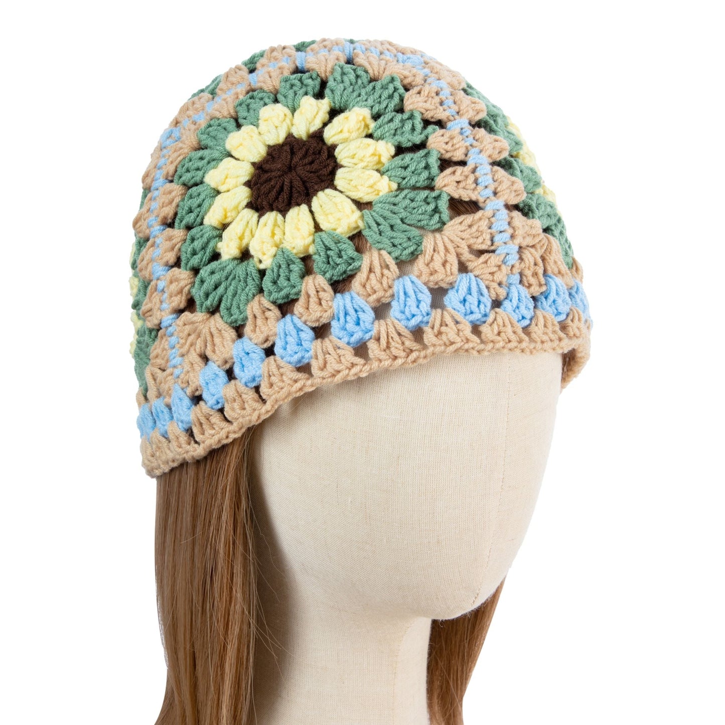 Crochet Khaki Floral-Patterned Hat