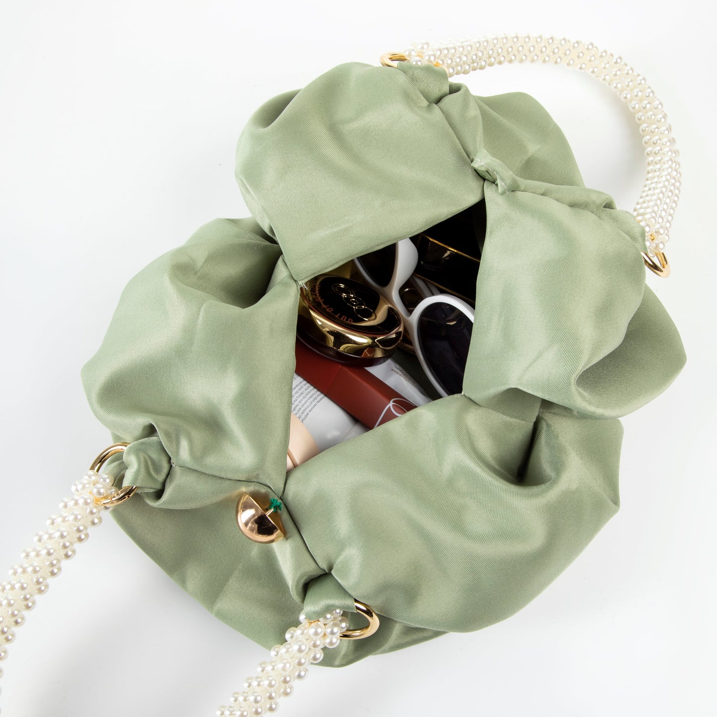 Pearl Handle Green Silk Handbag