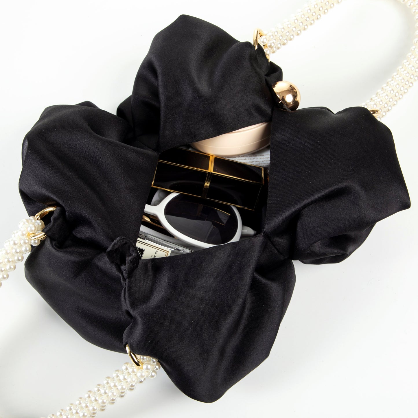 Pearl Handle Black Silk Handbag