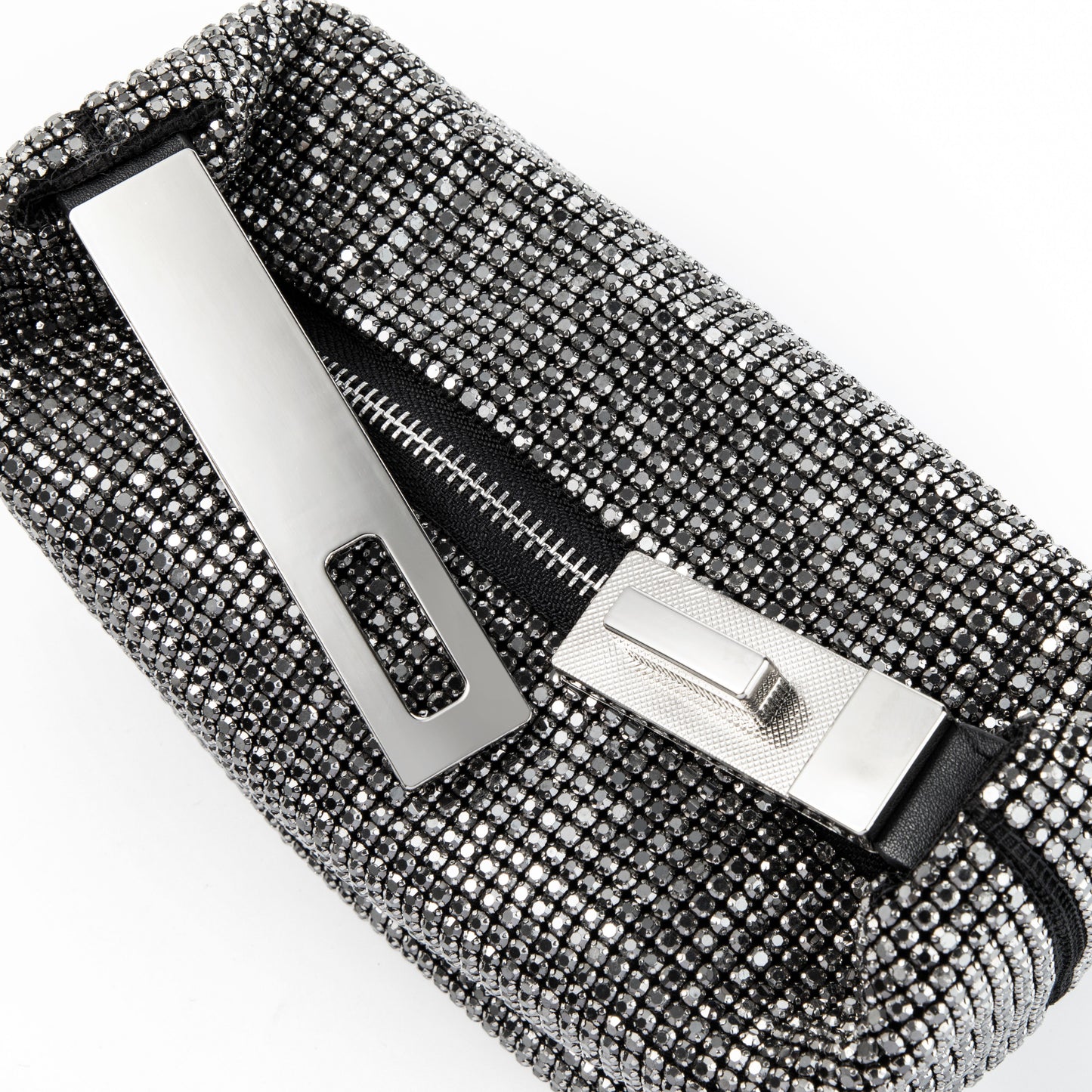 Metal Handle Sparkling Gunmetal Clutch