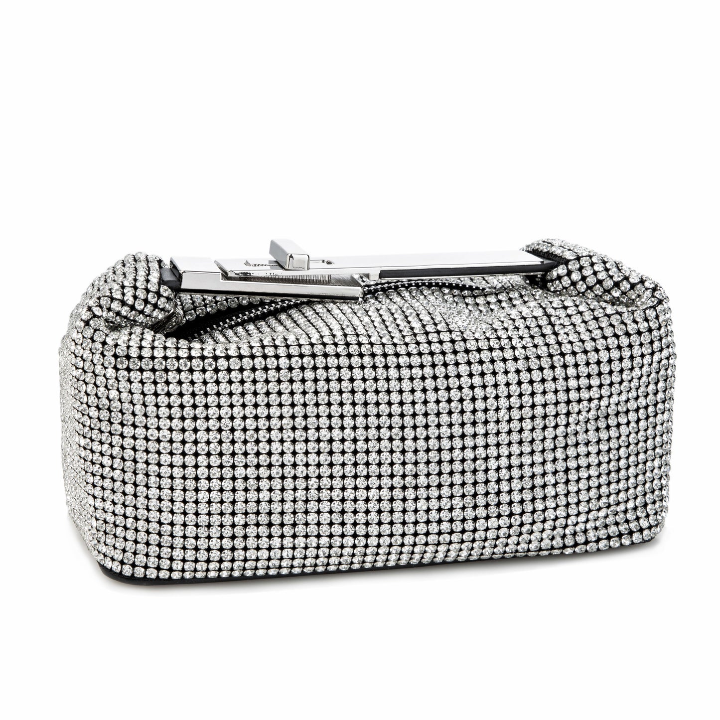 Metal Handle Sparkling Silver Clutch