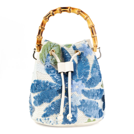 Sequin Blue Floral Embroidered Bucket Bag