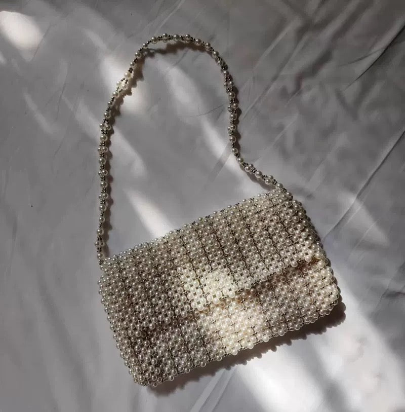 Faux Pearl Flap Clutch