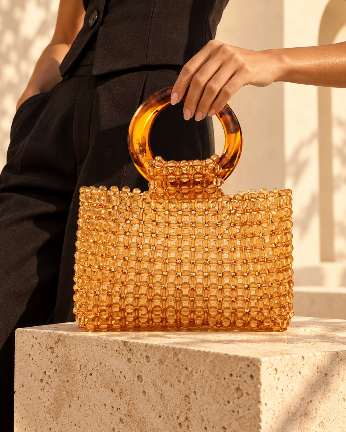GO2SHINY amber beaded tote with round tortoiseshell handle