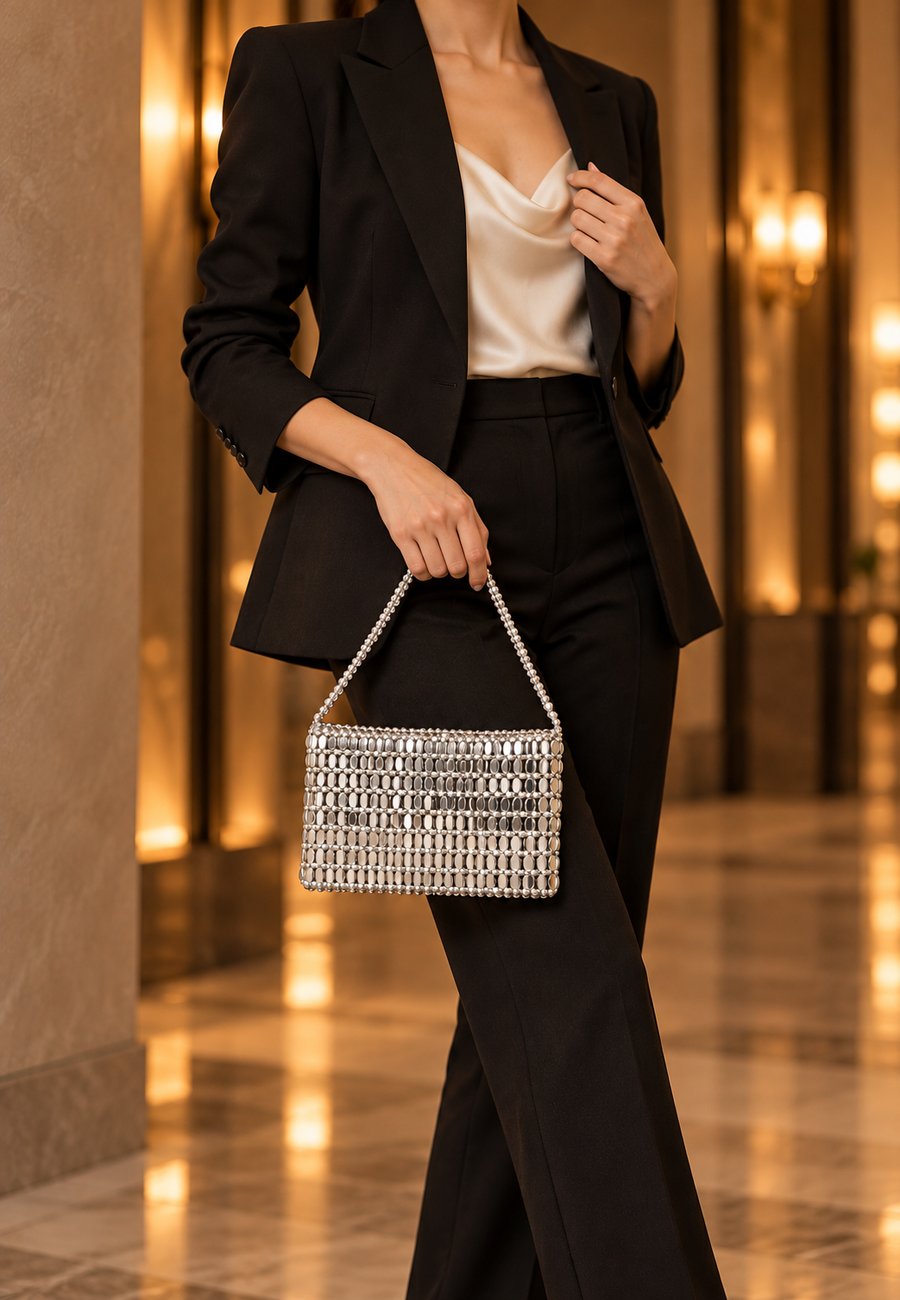 Woman in black blazer with cream camisole holding silver beaded evening bag — GO2SHINY outfit idea