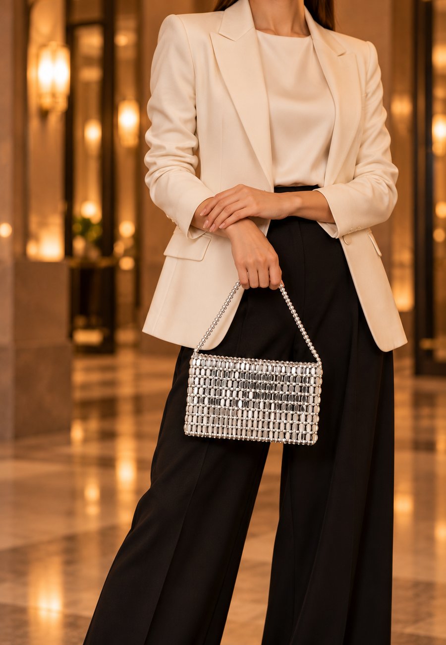 Woman in cream blazer holding silver beaded evening bag — GO2SHINY outfit idea