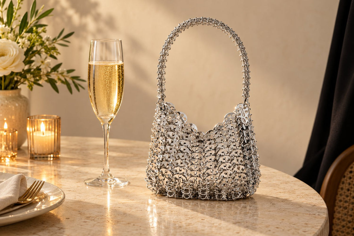 Silver metal disc evening handbag styled for dinner